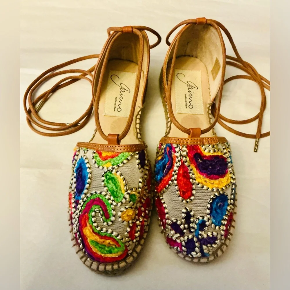Gaimo Spain Boho Summer Embroidered Espadrille Ankle Tie Sandal Woman SZ 6.5-7